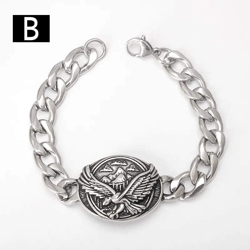 Lifestyle shot of the Titanium Steel Skull Eagle Cuban Link Bracelet on display, designed for trendsetters who appreciate luxury and individuality.