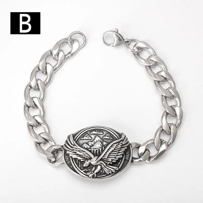 Lifestyle shot of the Titanium Steel Skull Eagle Cuban Link Bracelet on display, designed for trendsetters who appreciate luxury and individuality.