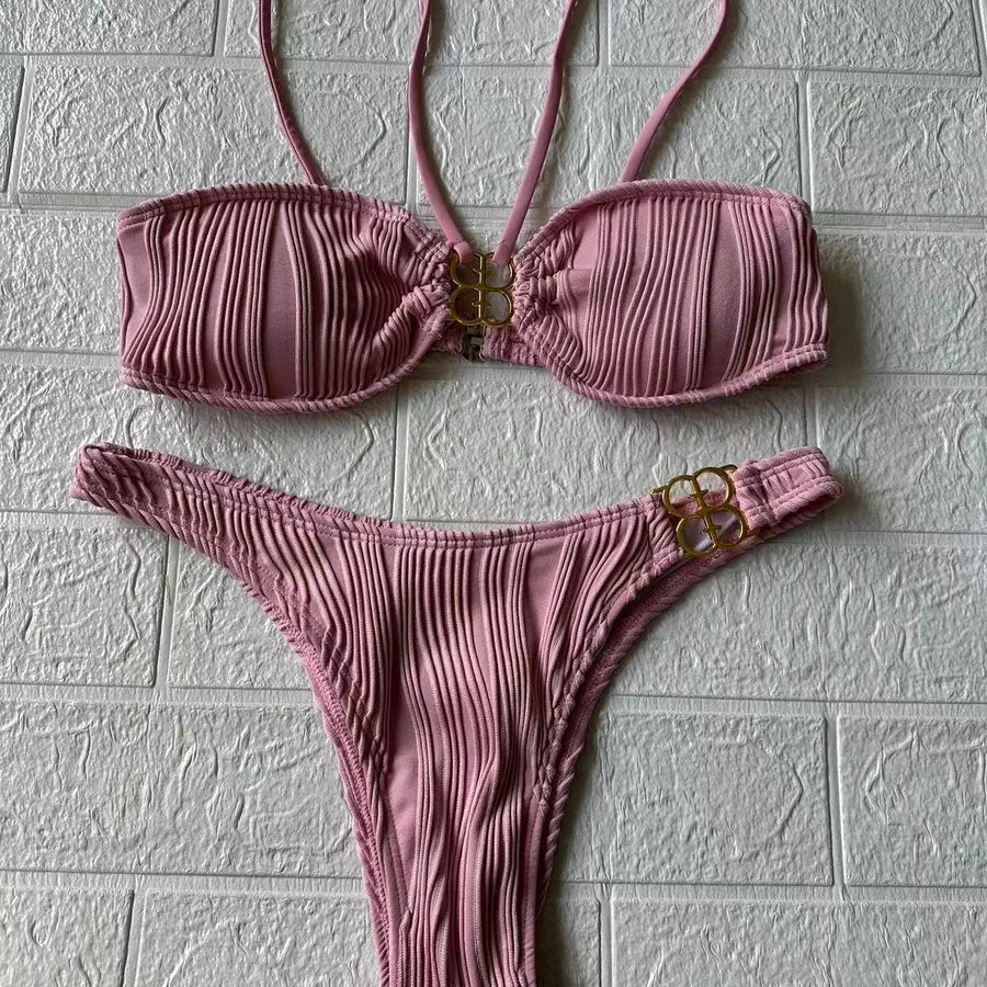 Overview of luxurious Women's Swimwear, a solid colour bikini set ideal for fashionable women seeking style and sophistication at the beach or pool.