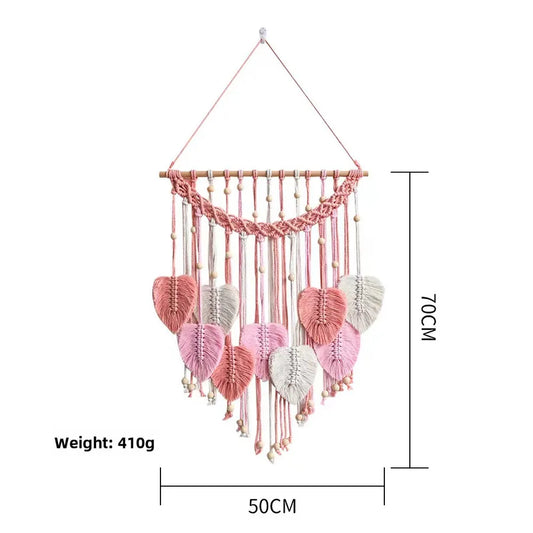 Stylish cotton rope wall hanging tapestry with chic tassels and artistic feather leaf details, ideal for a sophisticated home interior.