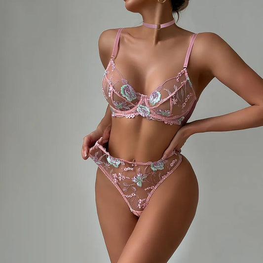 Europe and the United States cross-border lace embroidery women's bra flower embroidery advanced craft steel ring gathered sexy underwear suit