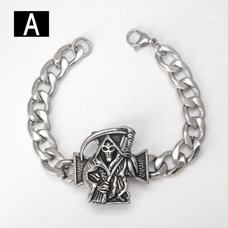 Close-up view of the intricate knot design on the titanium steel Cuban link bracelet, showcasing a skull and eagle motif for a bold statement.