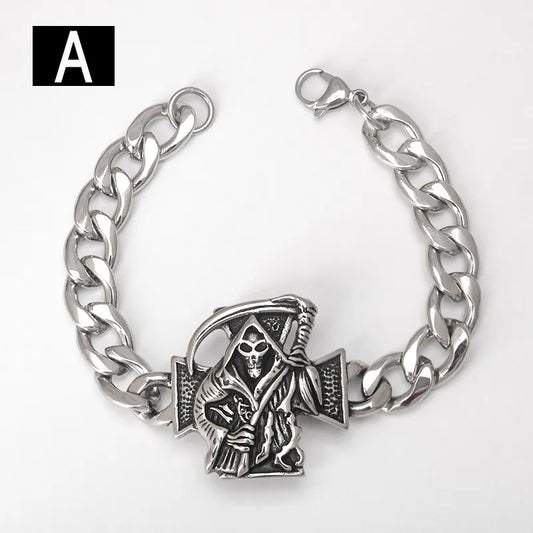 Close-up view of the intricate knot design on the titanium steel Cuban link bracelet, showcasing a skull and eagle motif for a bold statement.