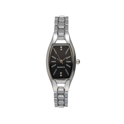 Stylish women's wrist adorned with a solid colour quartz watch, highlighting a smooth stainless steel strap and elegant pointer display, ideal for all seasons.