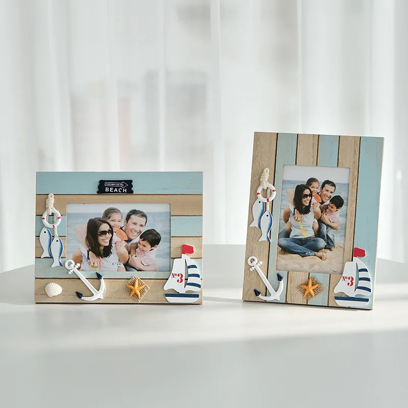 Stylish 6-inch wooden photo frame in a medieval design, adorned with ocean-themed elements, ideal for a luxurious home interior.