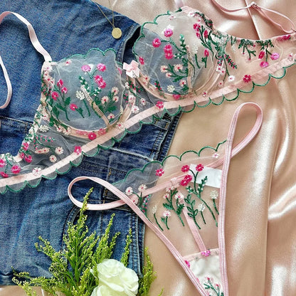 Luxurious Women's Sexy Floral Lingerie Set featuring a sheer bra and low waist thong, perfect for enhancing romantic moments during honeymoons and intimate evenings at home.