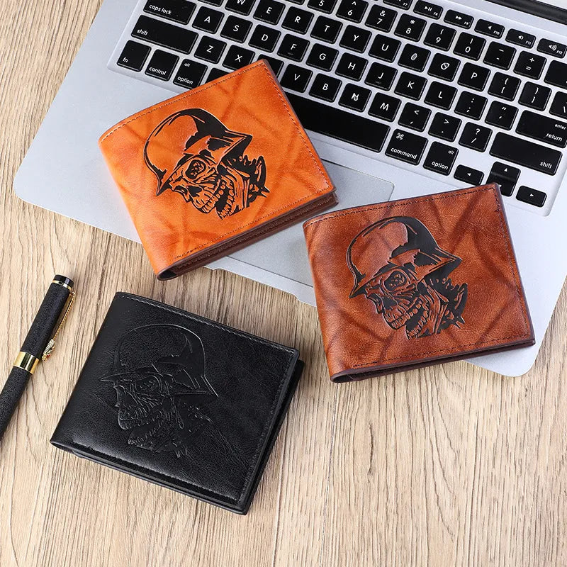 Luxurious Men's Retro Skull PU Leather Small Wallet featuring a stylish minimalist design with a smooth flip cover, perfect for casual and business occasions.