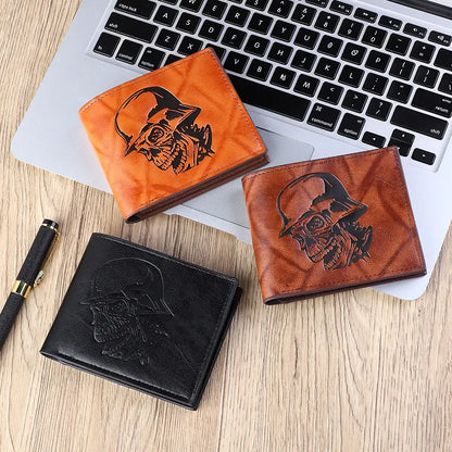 Luxurious Men's Retro Skull PU Leather Small Wallet featuring a stylish minimalist design with a smooth flip cover, perfect for casual and business occasions.
