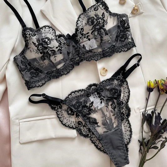 Luxury Women's Floral Sheer Lingerie Set - Low Waist Bra and Panties, Perfect for Honeymoon