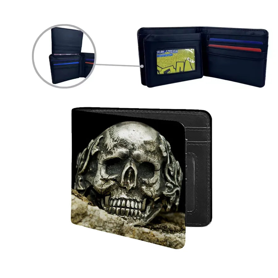 Stylish small wallet for men crafted from PU leather with skull motif, featuring a convenient side zipper—perfect for streetwear enthusiasts and Halloween.