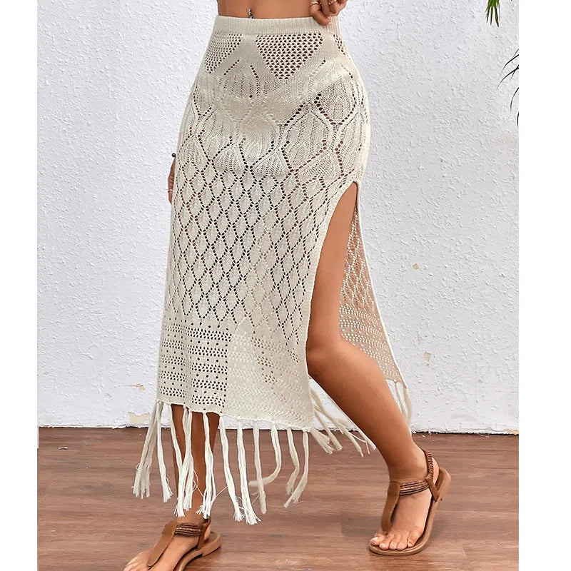Stunning display of a sexy high waist women's argyle midi dress cover-up with tassels, embodying the essence of luxurious beach fashion.