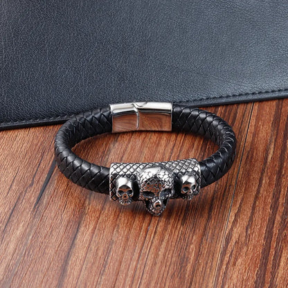 Men's luxury retro skull wrap bracelet featuring a woven chain of pu leather and titanium steel, perfect for stylish accessorising.