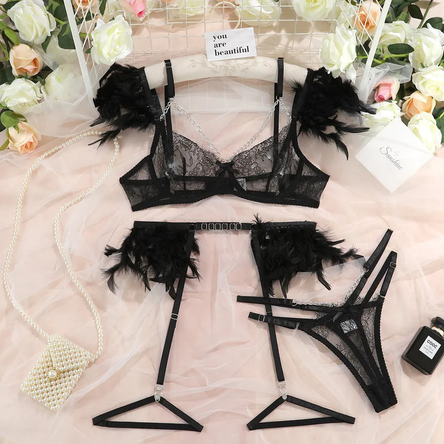 Thong panties from a sexy lingerie set, designed with a low waist and delicate floral lace, ideal for special moments.