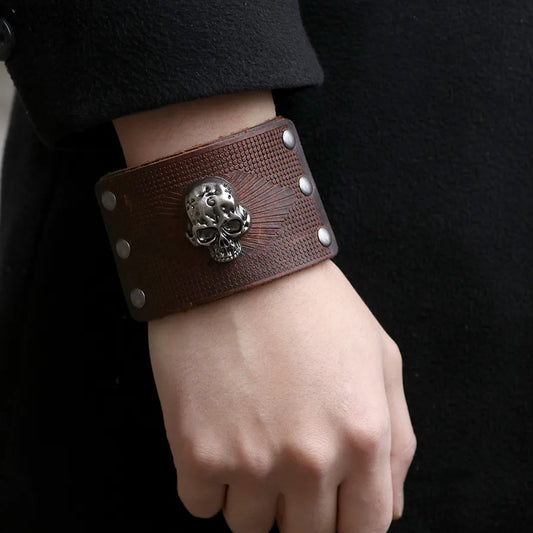 Vintage Style Skull Leather Bangle for Men - Perfect Halloween Accessory in Multiple Colours