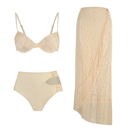 Luxurious Women's Sexy Bikini Swimwear Set with a captivating skirt, designed for stylish beach outings and poolside elegance.
