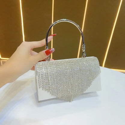 Elegant Fringed Rhinestone Crossbody Clutch Bag For Evening Dresses Cheongsam Ball Gown High-End Women's Handbag Fashionable Square Polyester Bag