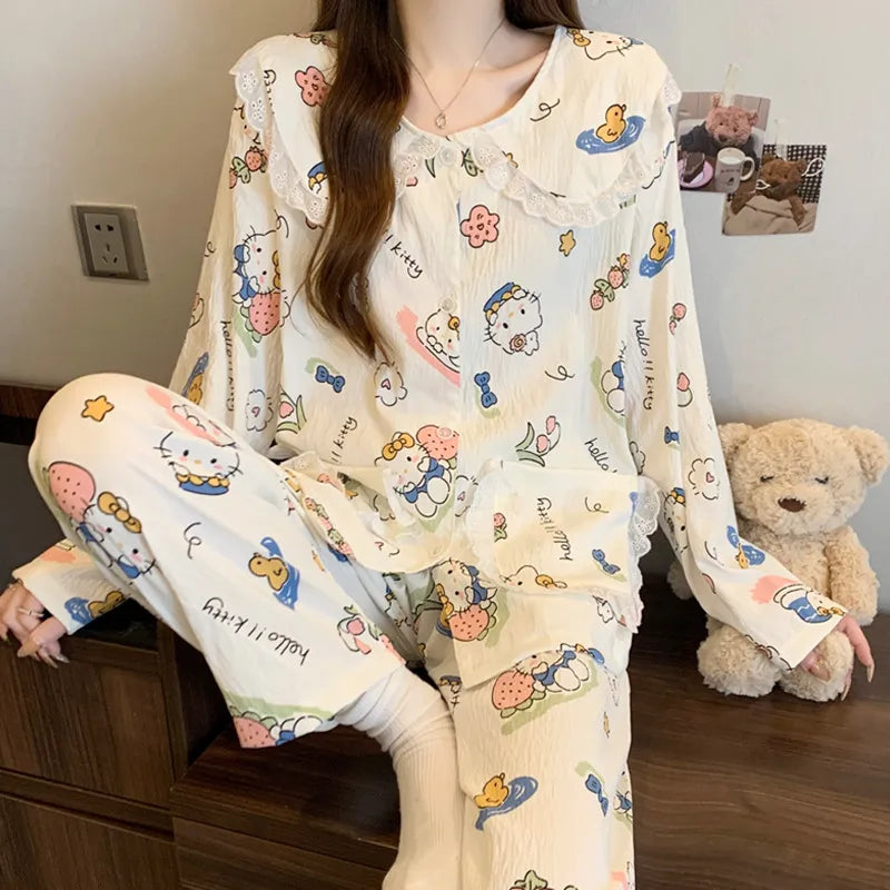 Sweet Cherry Cloud Cotton Long Sleeve Spring Home Clothes Set For Girls Comfortable Breathable Sleepwear Casual Style