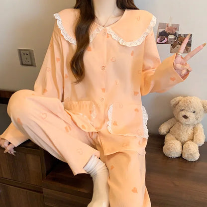 Sweet Cherry Cloud Cotton Long Sleeve Spring Home Clothes Set For Girls Comfortable Breathable Sleepwear Casual Style