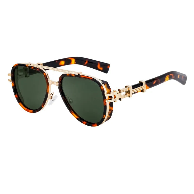 Close-up of luxury men's geometric full frame sunglasses with grey and black colour scheme and Tac lenses, ideal for a fashionable outdoor look.