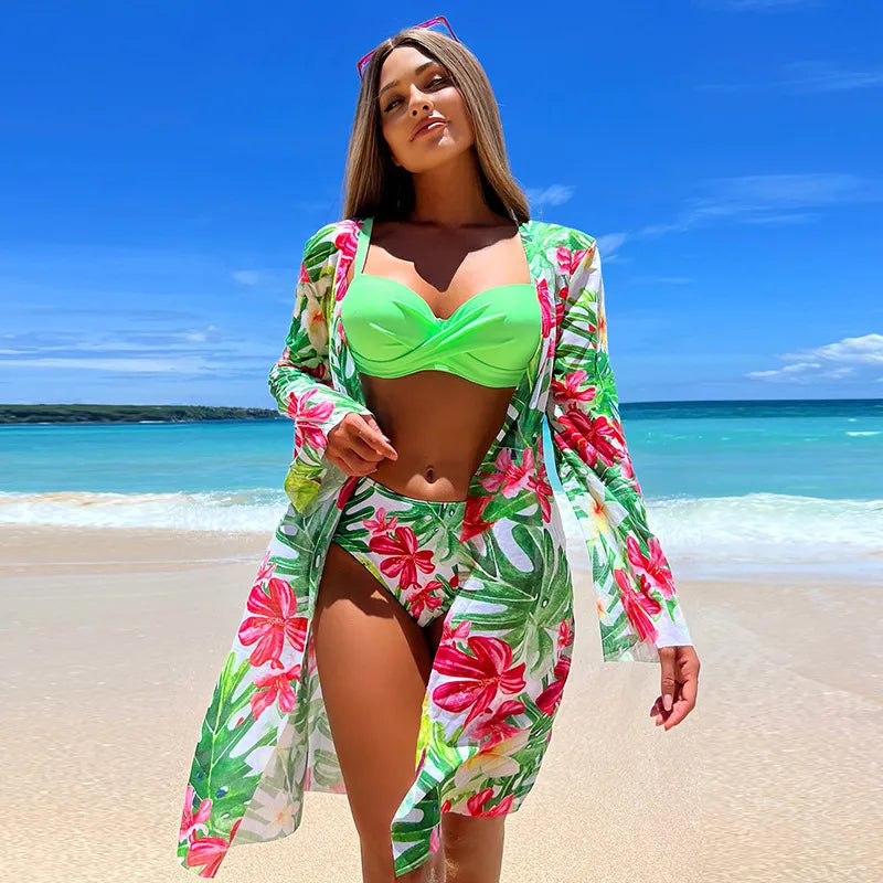 Fashionable women's swimwear set comprising a bikini top, chic skirt, and long sleeves, offering a sophisticated look for beach outings and pool parties.