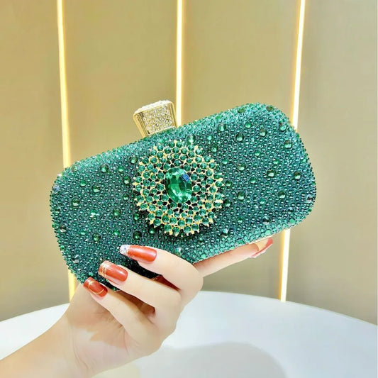Luxury diamond-embellished square evening bag for women, featuring elegant clutch design with chain handle, perfect for formal events and adding a touch of glamour to any outfit.
