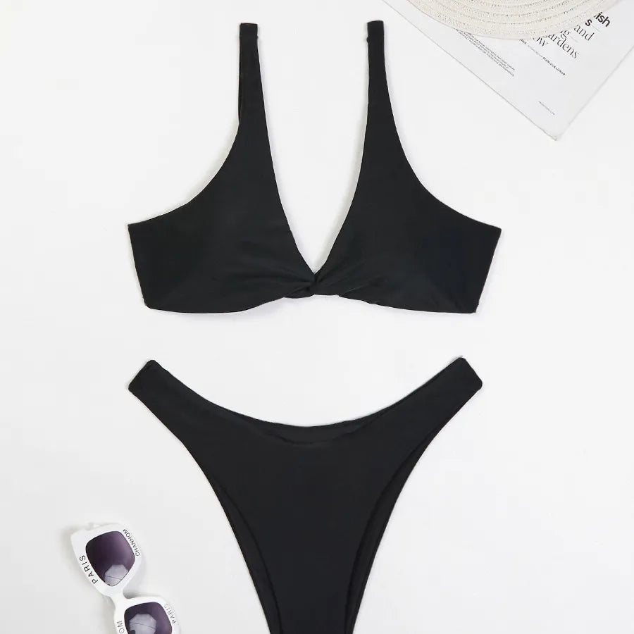 Elegant and trendy low waist triangle cup bikini, perfect for women seeking sophistication and comfort during summer outings.