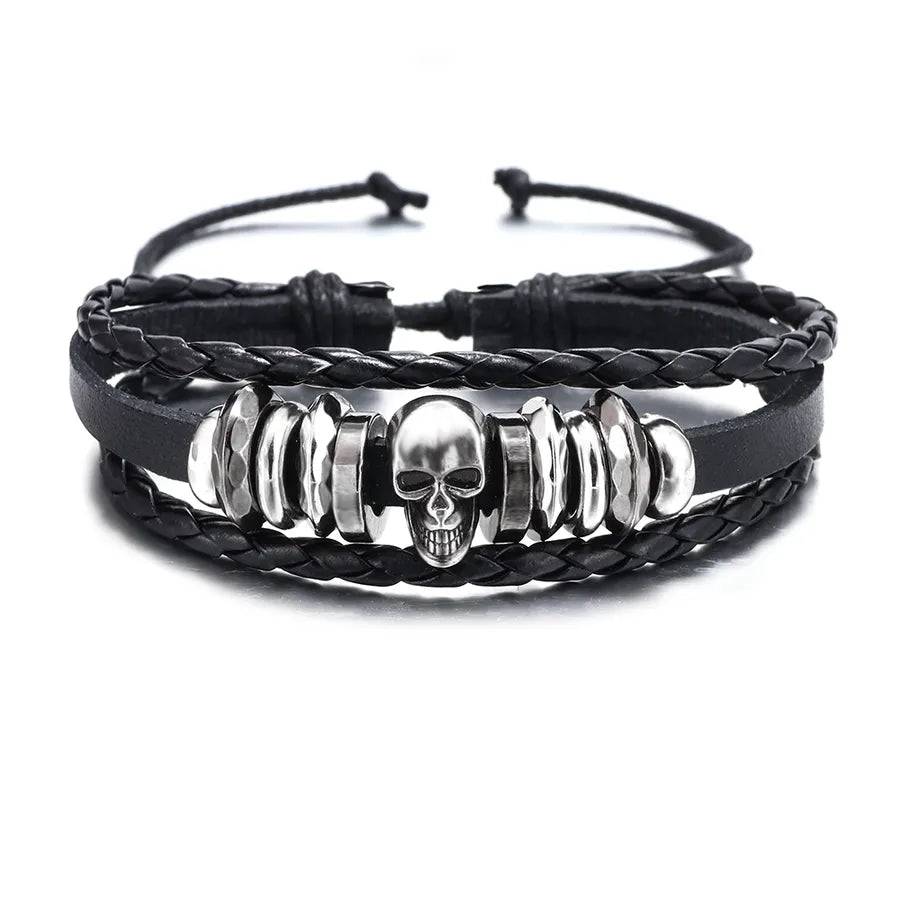 Luxurious Retro Black Skull PU Leather Bracelet for Men, perfect for Halloween and stylish daily wear.