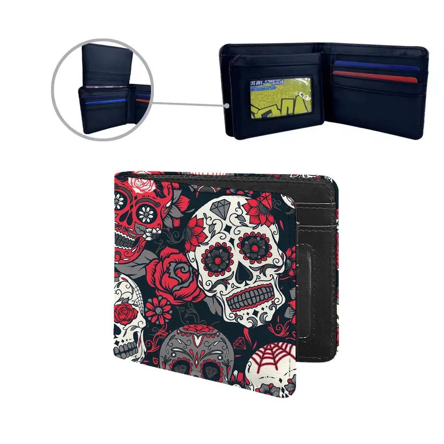 Elegant skull printed small wallet for men made of PU leather, combining functionality with style, great for both casual streetwear and Halloween festivities.