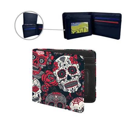 Elegant skull printed small wallet for men made of PU leather, combining functionality with style, great for both casual streetwear and Halloween festivities.