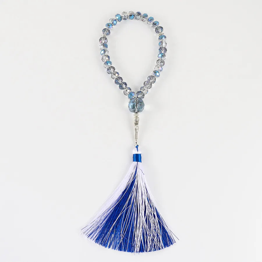 Luxury handmade alloy and glass tassel rosary bracelet in elegant orange and blue hues, perfect for special occasions and festive celebrations.