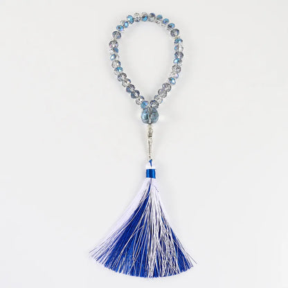 Luxury handmade alloy and glass tassel rosary bracelet in elegant orange and blue hues, perfect for special occasions and festive celebrations.
