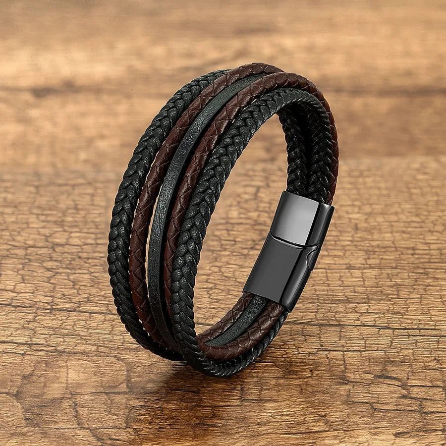 Men's Vintage Punk Geometric Wristband in Red and Black, handcrafted from 316 stainless steel and PU leather, showcasing a bold design ideal for enhancing stylish outfits.