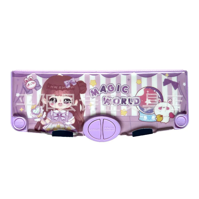 Elegant large capacity double layer plastic pencil case for boys and girls, featuring a stylish design suitable for modern school stationery.