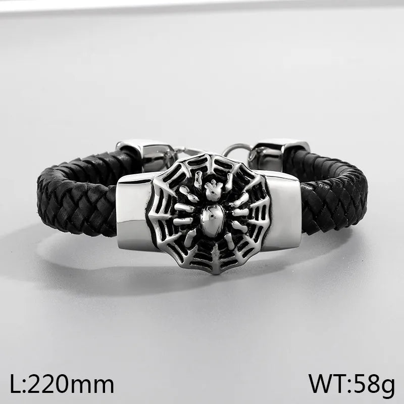 Hip-Hop Retro Animal Lion Skull 304 Stainless Steel Leather rope Leather Halloween Men's Bracelets