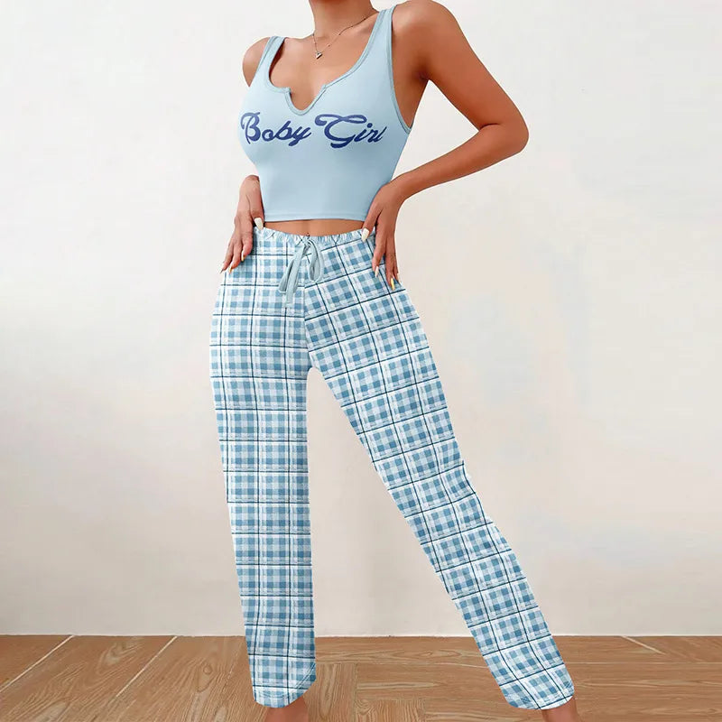 Elegant plaid trousers and U neck top leisure set for young women, showcasing a sophisticated design and luxurious comfort, ideal for home and outdoor wear.