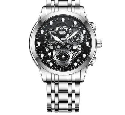 Close-up of a luxury men's quartz watch dial, showcasing elegant pointer and numbered display with tempered glass mirror finish.