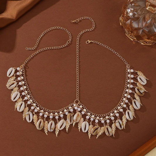 Handmade Fashion Pearl Leaf Shell Tassel Women's Headwear Alloy Leaf Pattern European Style Hair Accessories Popular New Model