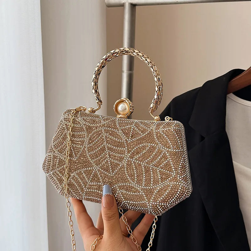Luxurious retro square box evening bag adorned with sparkling diamond embellishments, showcasing a sophisticated single shoulder strap; perfect for elegant occasions.