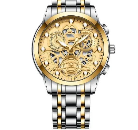 Tempered glass mirror on a luxury men's quartz watch, accentuating its refined look and durability.