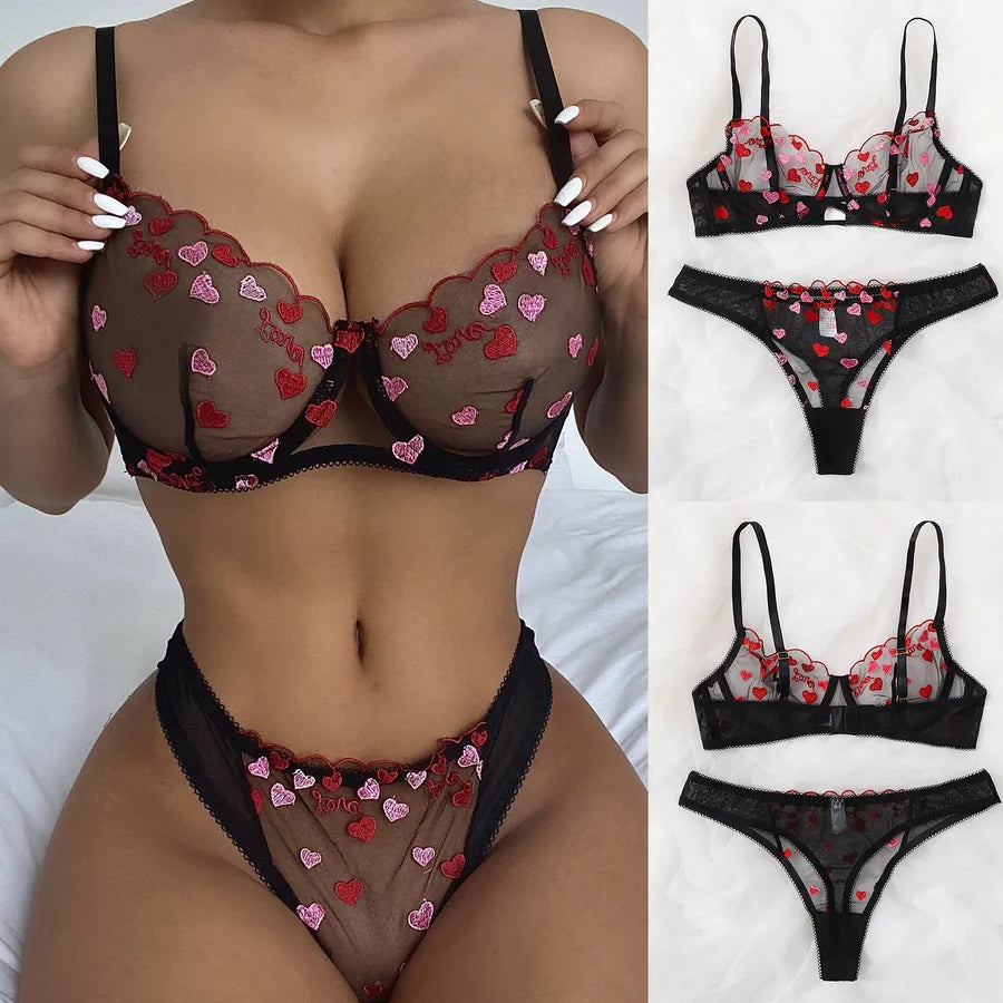 Luxurious women's sexy heart shape lingerie set featuring a sheer bra with elegant embroidery and a low waist thong, perfect for adding allure to any intimate occasion.