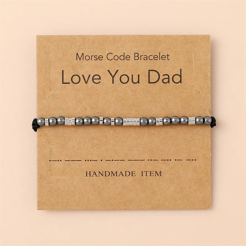 Close-up view of the luxurious unisex Hematite and stainless steel geometric bracelet, showcasing its braided and beaded details suitable for Mother's Day or Father's Day gifts.