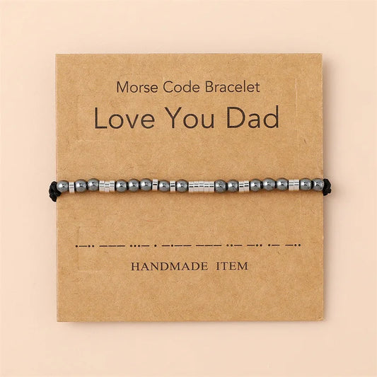 Close-up view of the luxurious unisex Hematite and stainless steel geometric bracelet, showcasing its braided and beaded details suitable for Mother's Day or Father's Day gifts.