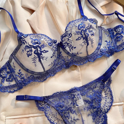 Close-up of luxurious floral sheer bra from the women's lingerie set, showcasing exquisite detailing and elegant design ideal for romantic occasions.