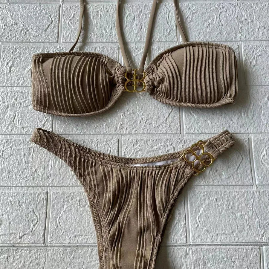 Elegant two-piece bikini set for women, showcasing a solid colour and tasteful demi-cup bra style, ideal for sophisticated swimwear.