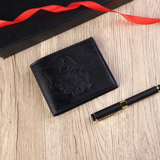 Elegant close-up of Men's Retro Skull PU Leather Wallet showcasing durable PU leather craftsmanship and a trendy skull pattern, ideal for modern gentlemen.