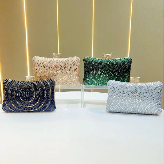 Close-up of luxurious rhinestones adorning a chic square handbag, ideal for stylish women at upscale gatherings.