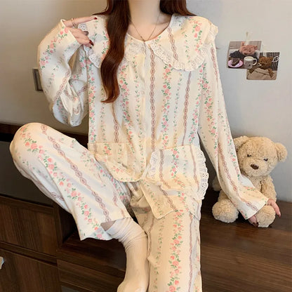 Sweet Cherry Cloud Cotton Long Sleeve Spring Home Clothes Set For Girls Comfortable Breathable Sleepwear Casual Style