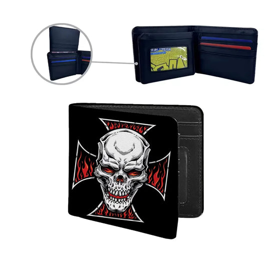 Men's Skull PU Leather Flip Cover Wallet, stylish and compact design for daily use, featuring a unique skull pattern.