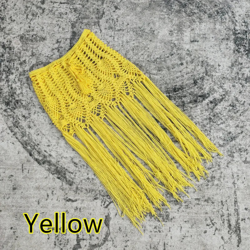 Luxury women's sundress in multicolor, featuring a refined knee-length cut, designed for elegance at any beach occasion with exquisite tassel and braid accents.