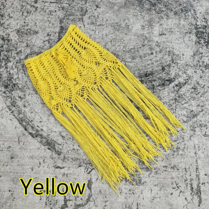 Luxury women's sundress in multicolor, featuring a refined knee-length cut, designed for elegance at any beach occasion with exquisite tassel and braid accents.